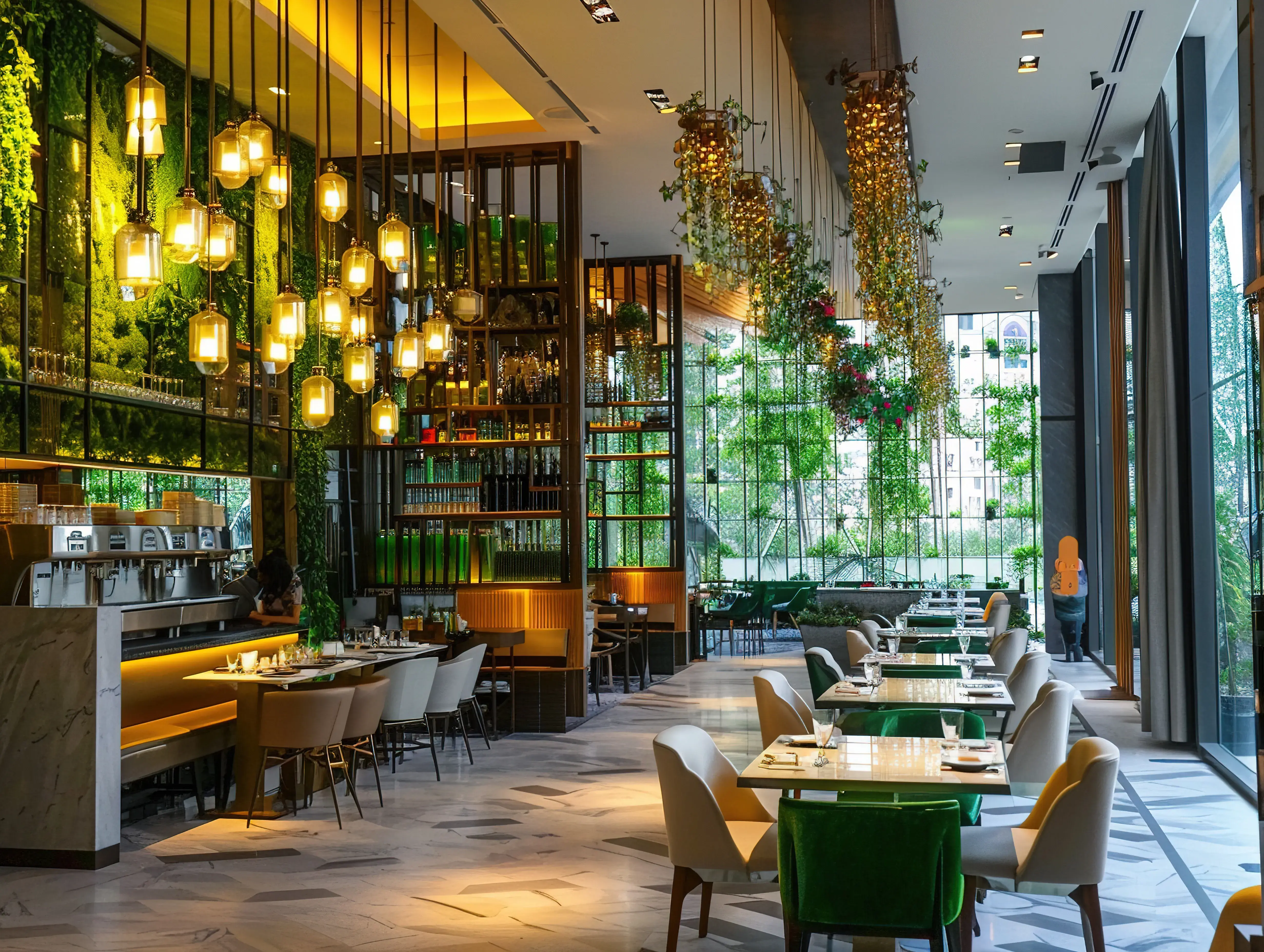 restaurant-with-green-plant-hanging-from-ceiling